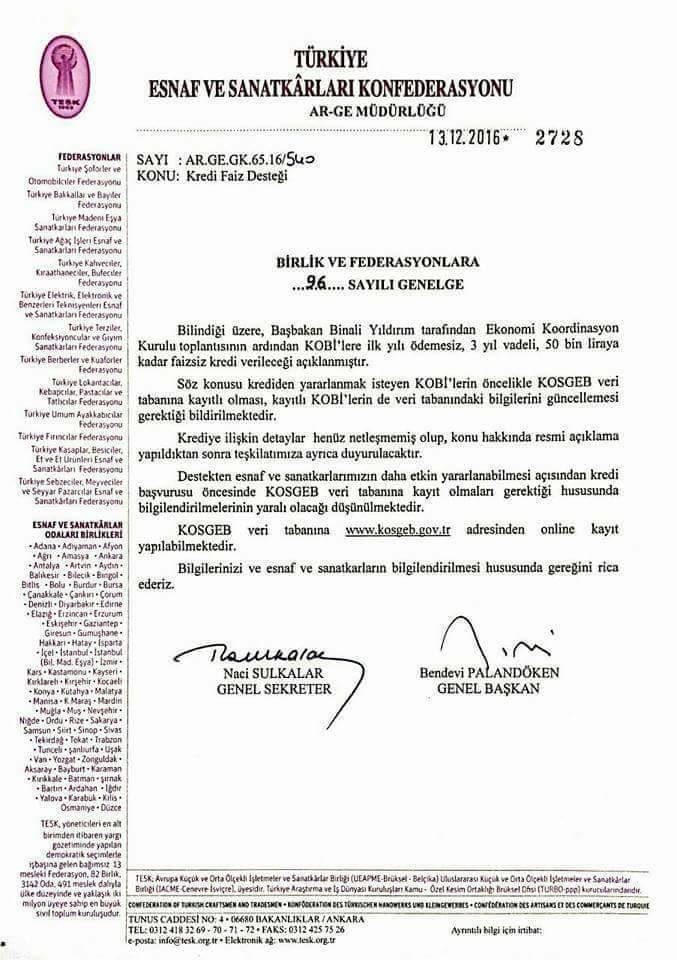 TESK KOSGEB Kredi Faiz Desteği Resmi Yazısı